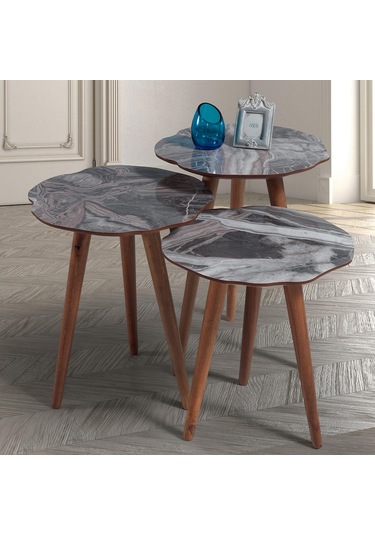 3'Lü Yaprak Ahşap Zigon Sehpa Bej Mermer B5