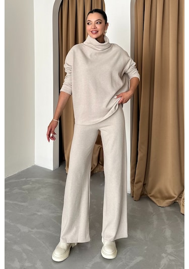 Modagen Kadın Selanik Kumaş Balıkçı Yaka Alt Üst Takım Bej