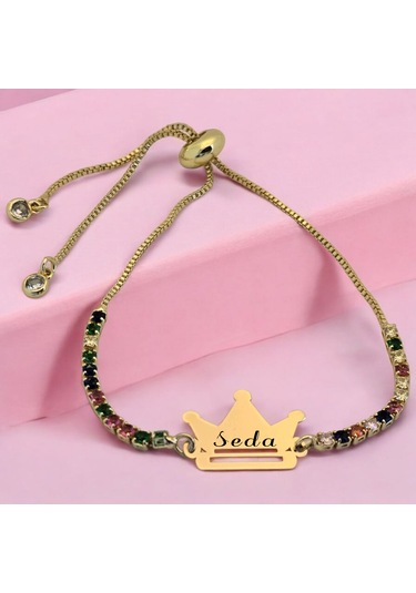 Seda İsmine Özel Renkli Taş Desenli Taç Motifli 14 Ayar Altın Plakalı Hediye Bileklik-489isim Seda