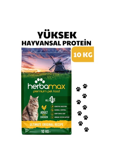 Herbamax Tavuklu ve Pirinçli Yetişkin Kedi Maması 10 KG