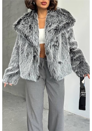 Dip Moda Kadın Gri İthal Kumaş 1. Kalite Kürk Kaban Dpnbg053 Gri