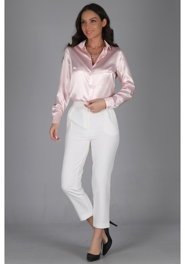 Sweetness Kadın Pudra Pembe Saten Uzun Kol Abiye Gömlek Pudra