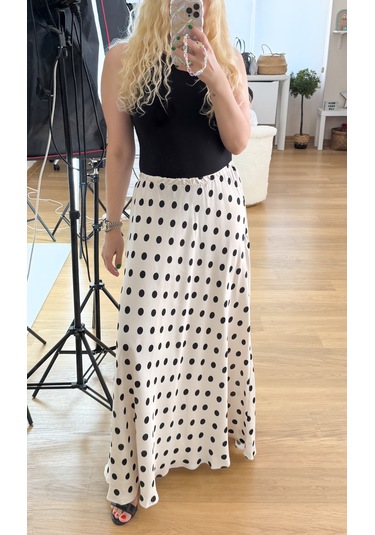 Modaonna Siyah Puantiyeli Saten Maxi Etek