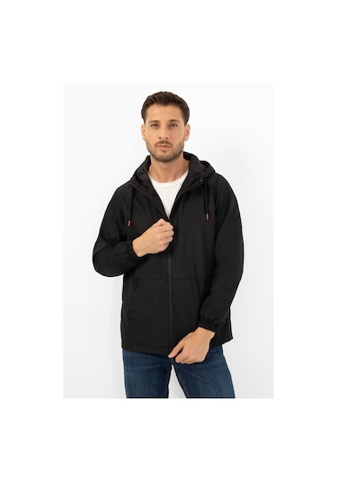 Erkek Siyah İçi Astarlı Kanguru Cepli Su Ve Rüzgar Geçirmez Kapüşonlu Cepli Yağmurluk Siyah