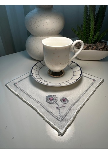 Rokoko El İşlemesi Kahve Sunumluk Peçetesi Keten 6 Parça Beyaz