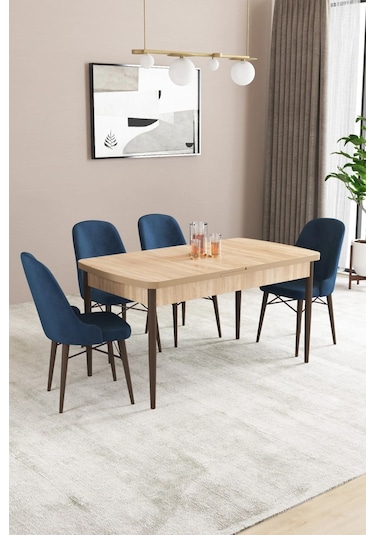 Sar Pakete Almira Serisi, Meşe Desen 80x132 Açılabilir Mdf Mutfak Masası Takımı 4 Adet Sandalye Lacivert