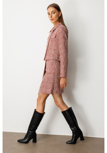 Ekol Kadın Süs Düğmeli Mini Tüvit Etek 5047 Kırmızı Kırmızı