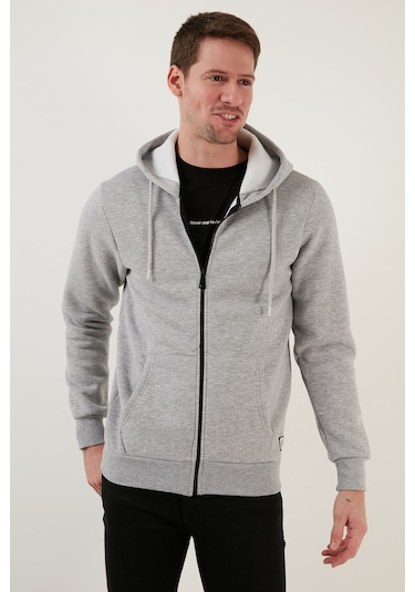 Buratti Regular Fit Kapüşonlu Fermuarlı Içi Tüylü Yumuşak Şardonlu Kışlık Erkek Sweat 5905340 Gri Melanj