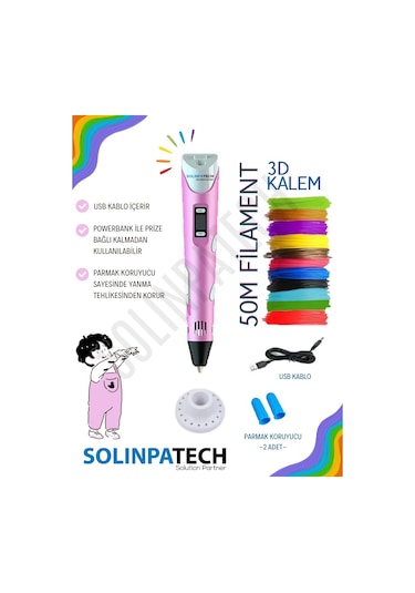 Solinpatech 3D Pen Üç Boyutlu Yazıcı Kalem Printer + 10 Adet 5 M Filament 50 M + USB Kablo Pembe