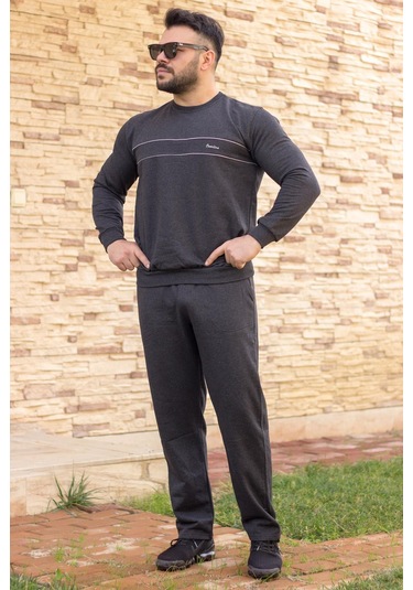 Antrasit Rahat Kalıp Nakışlı Kalın Sweat Erkek Eşofman Takımı 21EESTBAKT Antrasit