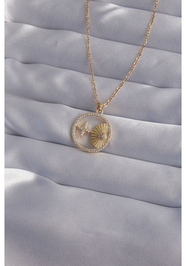 Forwhat Zarif Kadın İçin Golden Çelik Zincir Zirkonlu Yıldız Oval Kolye Metalik