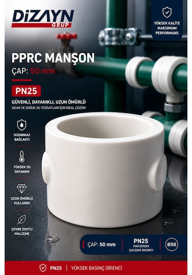Dizayn Pprc Manşon 50 Mm 15 Adet Pn25 Temiz Su Tesisat Ek Parçası