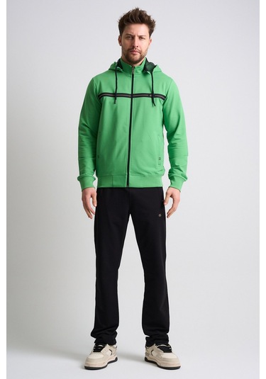 Shooter Sportswear Klasik Antrasit Erkek Eşofman Takımı Çıkartılabilir Kapüşonlu Rahat Kalıp Yeşil