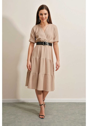 Giyim Dünyası Kadın Kemerli Kruvaze Elbise Vizon 001