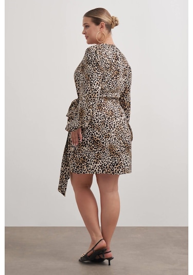 Beli Kuşaklı Leopar Elbise-2571 Kahverengi