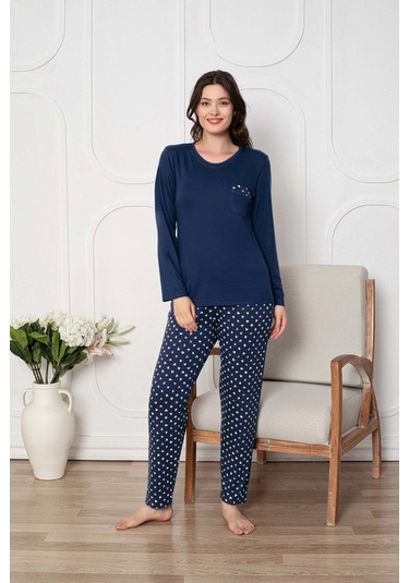Kadın Bisiklet Yaka Düğmesiz Dökümlü Viskon Mevsimlik Uzun Kol Cepli Pijama Takımı Lacivert
