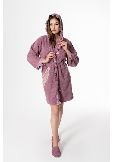 Flora Gelin Bornoz Seti 5 Parça Dantelli Çeyiz Bayan Bornoz Seti Mor