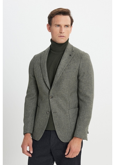 Erkek Hakı Slim Fit Dar Kesim Mono Yaka Desenli Torba Cepli Ceket Haki