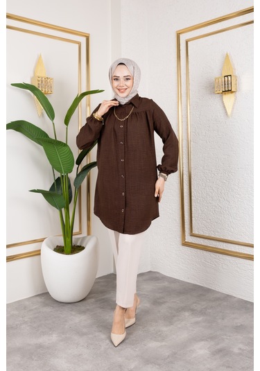 Önü Büzgülü Bilek Lastikli Tunik - Acı Kahve / Ü104 Acı Kahve Acı Kahverengi