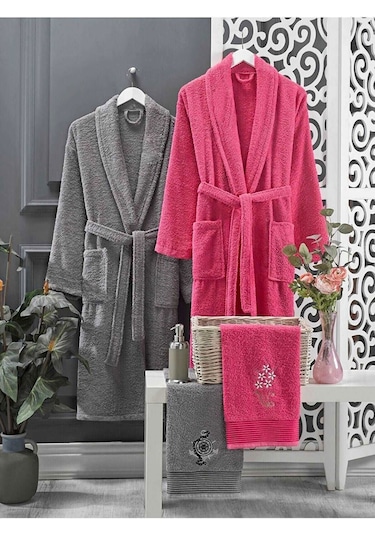 4 Parça Aile Bornoz Seti Kadın Erkek Havlulu Bornoz Takımı Fuşya - Gri