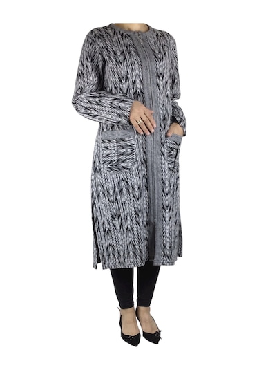 Kadın Önü Fermuarlı Üstten Cepli Kalın Kap Gri