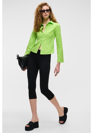 GRINNE Kadın Slim Gömlek Yaka Uzun Kollu İnce Uzun Fıstık Yeşili Gömlek