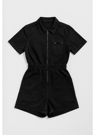 Kadın Kısa Kollu Fermuarlı Beli Lastikli Jean Tulum Şort Siyah