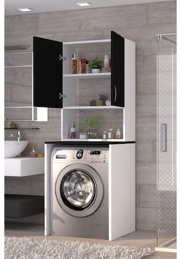 Üst Dolaplı Çok Amaçlı Çamaşır Makinesi Dolabı Siyah Beyaz