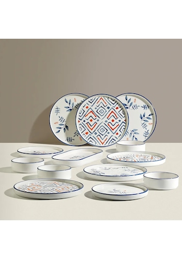 Nehir Blue Orange 6 Kişilik 13 Parça Seramik Kahvaltı Takımı Beyaz - Mavi