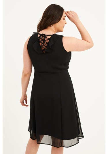 Çapraz Biyeli Astarlı Şifon Elbise-1576 Siyah