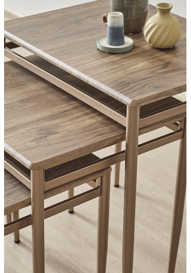 Damrin Serisi Traverten Desen 1. Sınıf Mebran Mdf 3 Lü Zigon Sehpa Takımı Ceviz Desen - Bronz Ayak