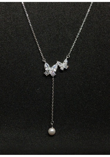 925 Ayar Gümüş Taşlı Çift Kelebek Kolye - Ucundan Inci Sarkan Zarif Kadın Takı 3,24 Gr. Gümüş