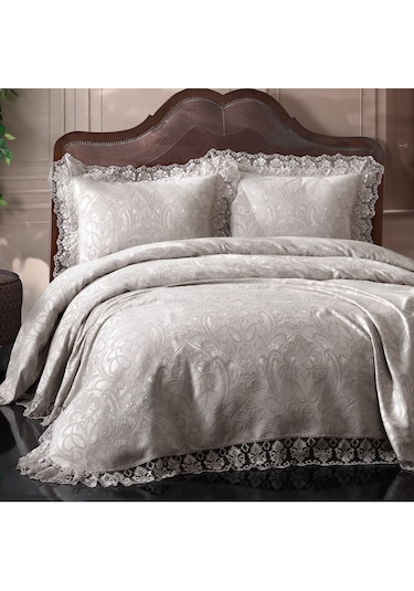 Birhome Violet Dantelli Çift Kişilik Yatak Örtüsü Takımı Gri