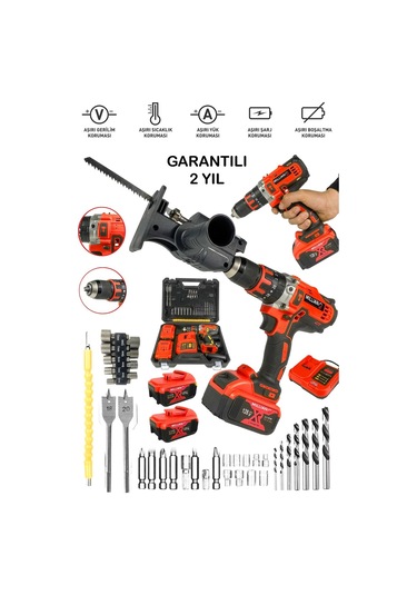 128 V 10 Bakır Sargı Darbeli Şarjlı Matkap Tilki Testere Aparatı