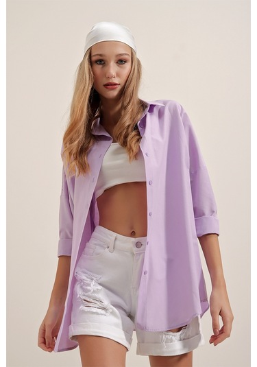 Bigdart 3900 Oversize Uzun Basic Gömlek - Lila 001