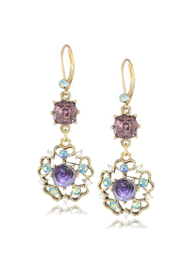 Oymalı Çiçek Madalyon Ve Kristal Taşlı Damla Küpeler Çok Renkli