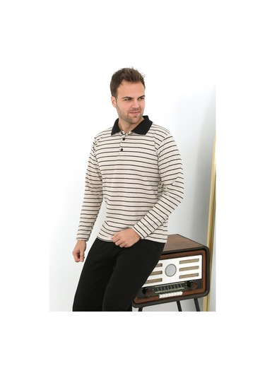 Akbeniz Erkek Polo Yaka Uzun Kol Penye Pijama Takımı 6862 Krem Krem