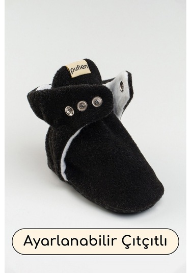 Organik Pamuk Astarlı, Bebek İlk Adım Ayakkabısı, Kaydırmaz Taban, Bebek Pandufu, Bebek Patik Siyah Siyah