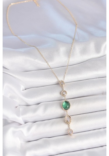 Pirinç Zincir Zümrüt Yeşil Gold Renk Zirkon Taşlı Y Kolye Çok Renkli