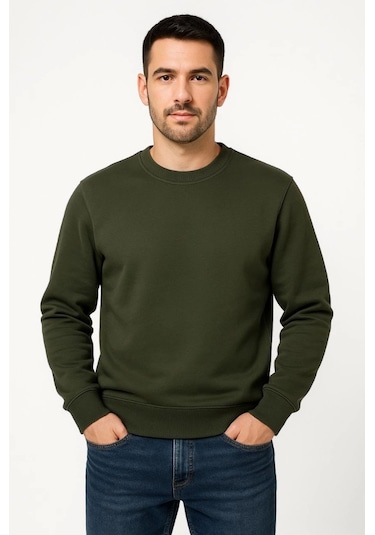 Efnaz Style Erkek Üç İplik Düz Bisiklet Yaka Sweatshirt - Haki