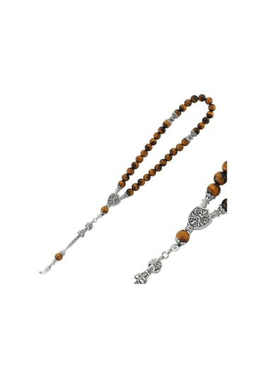 Doğaltaş Metal Püsküllü Kaplan Gözü Taşlı Tesbih Sl2343 Gümüş