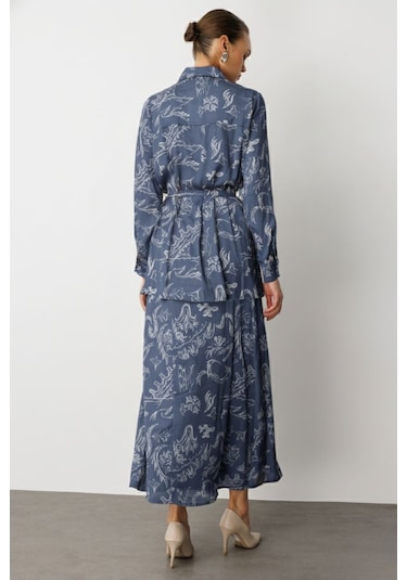 Mizalle Mavi Desenli Evaze Uzun Saten Etek Mavi