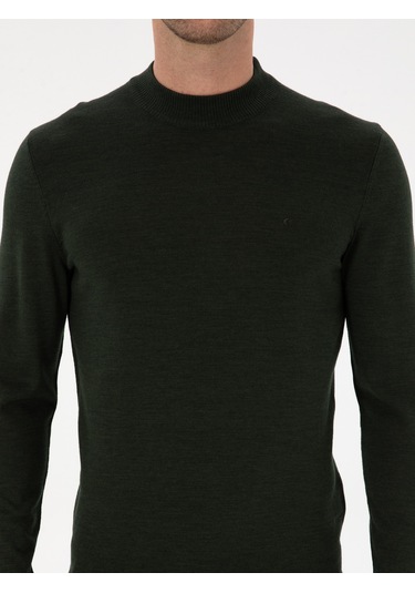 Cacharel Koyu Yeşil Slim Fit Yün Karışımlı Çeyrek Balıkçı Basic Triko Kazak Yesıl