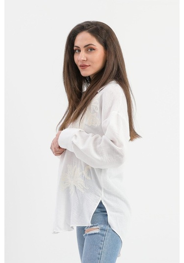 Pulpayet Nakışlı Keten Gömlek - Ekru-ekru Ekru