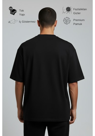 Allunique Erkek Pamuklu Oversize Bisiklet Yaka Siyah T-shirt