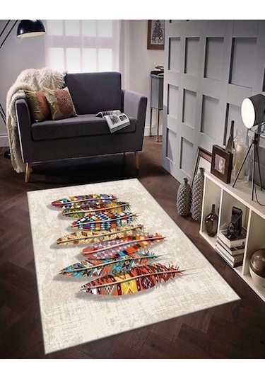 Krem Dijital Baskı Halı Makinede Yıkanabilir Halı Krem