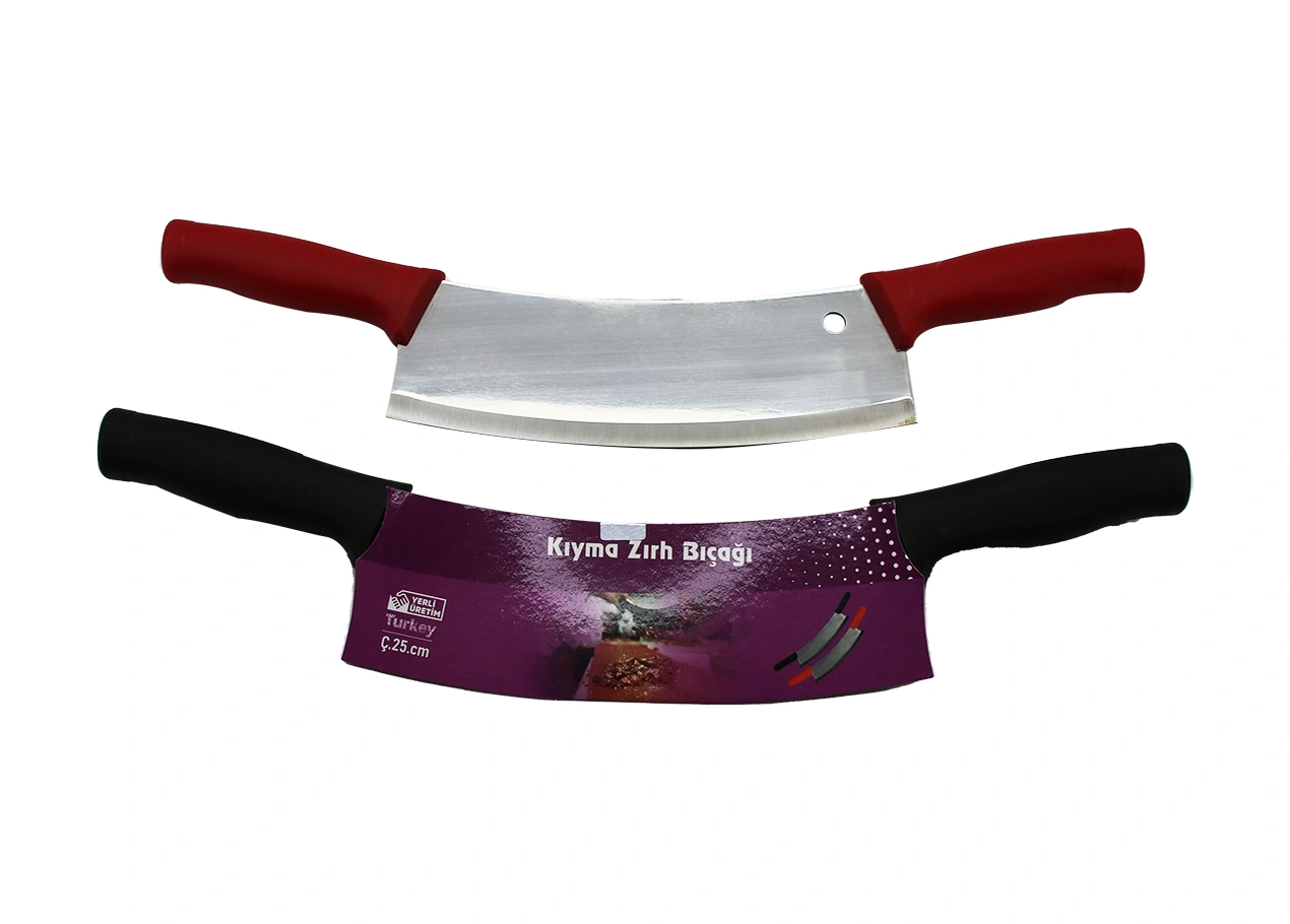 25lik Çift Saplı Kıyma Zırh Bıçak Satır Plastik Saplı Ahşap - Kırmızı