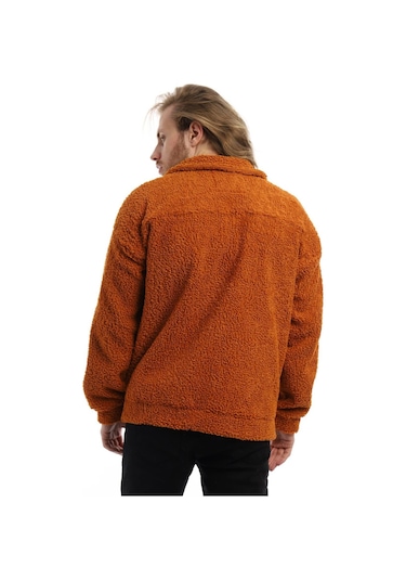 Erkek Kıvırcık Peluş Cıt Cıt Kapamalı Oversize Ceket Tarçın