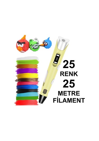 Sari 3D Kalem Yazıcı+25 Renk 25 Metre (25X1Metre) Pla Filament