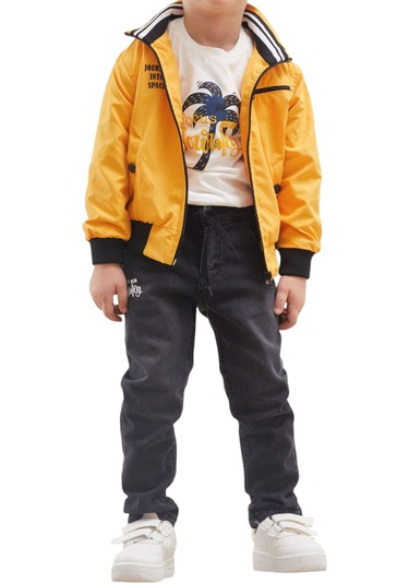 Erkek Çocuk Yağmurluklu Tişört Pantolon Üçlü Takım Sarı